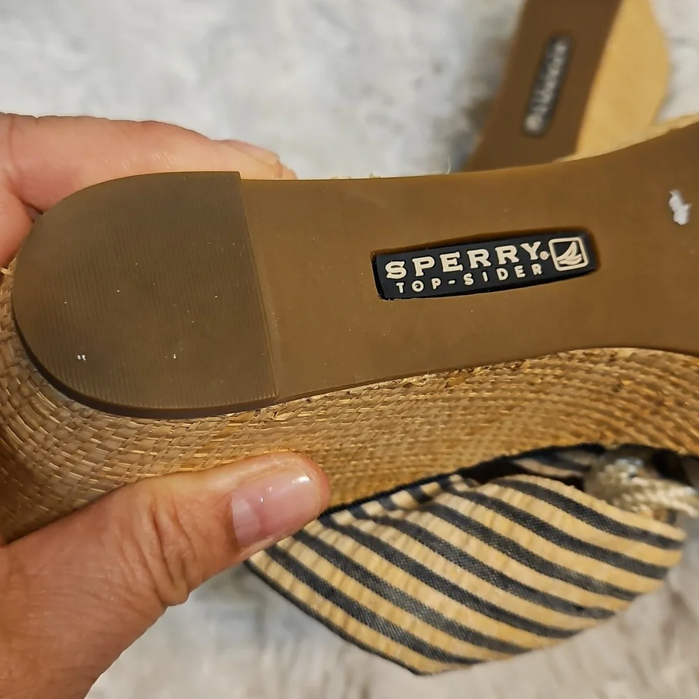 Sperry Top-Sider Espadrille Wedge Sandals Blue Striped Bow Accents Nautical‎
